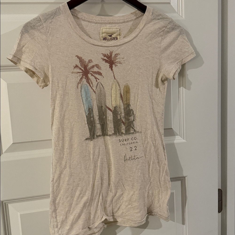 Hollister Surfer Surfboard Palm Tree Cream T-shirt M juniors